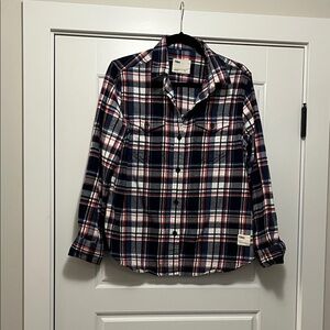 Woman Plaid Button Down Shirt - Navy, Red, White size M